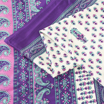 Sanskriti Vintage White Saree Moss Crepe Floral Printed Craft Fabric 5 Yard Sari