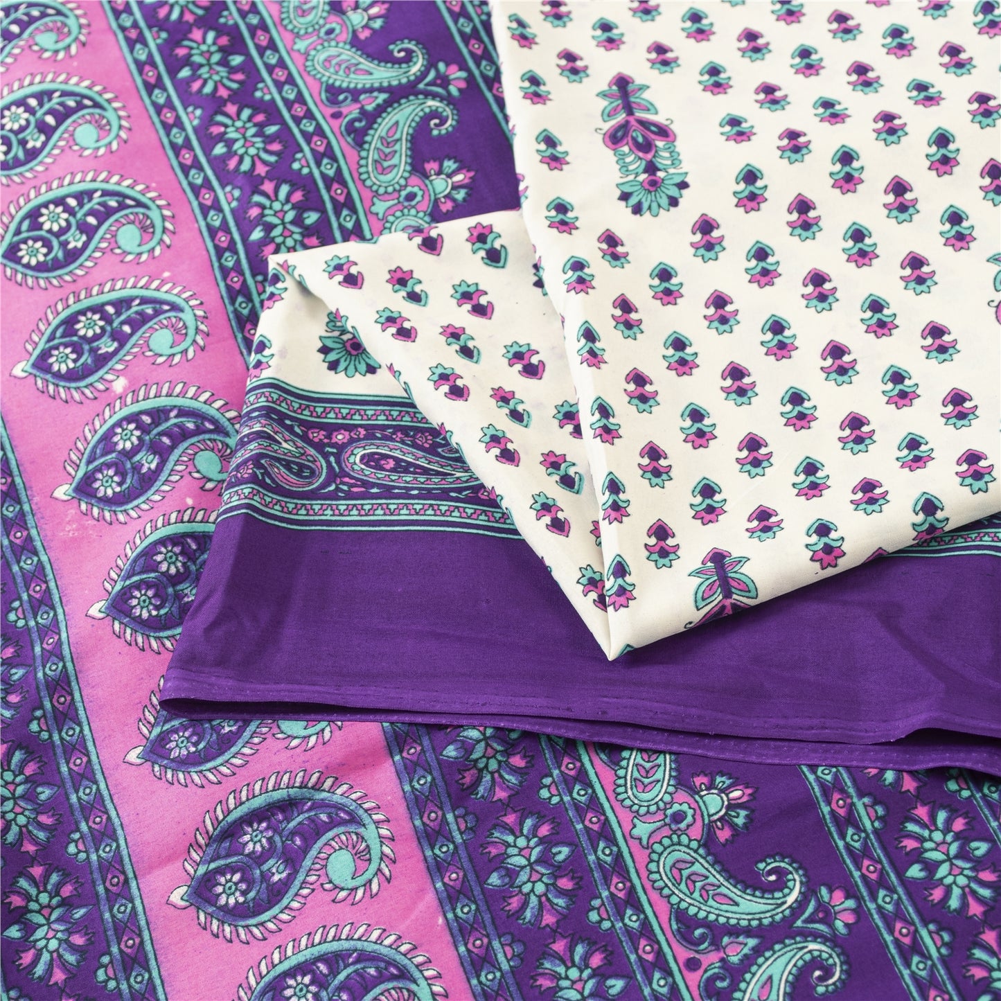 Sanskriti Vintage White Saree Moss Crepe Floral Printed Craft Fabric 5 Yard Sari