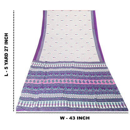 Sanskriti Vintage White Saree Moss Crepe Floral Printed Craft Fabric 5 Yard Sari