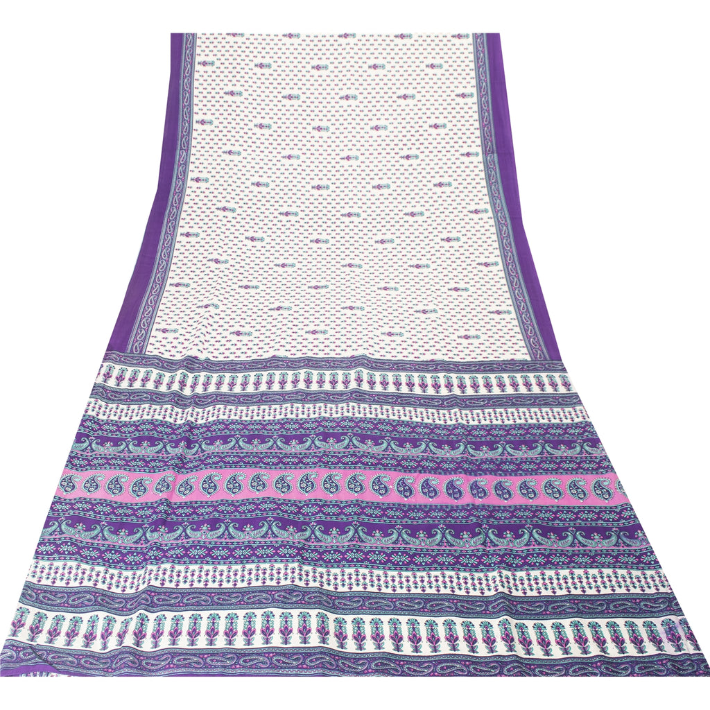 Sanskriti Vintage White Saree Moss Crepe Floral Printed Craft Fabric 5 Yard Sari