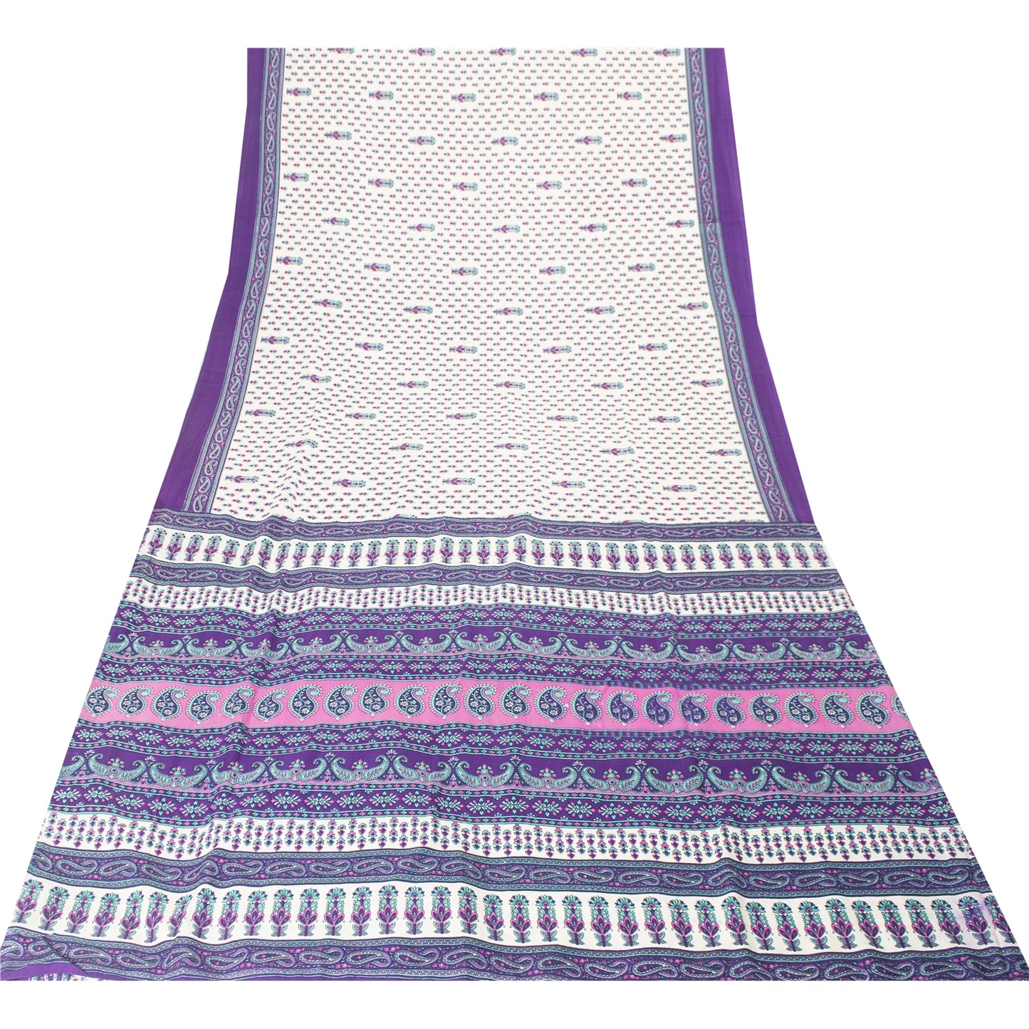 Sanskriti Vintage White Saree Moss Crepe Floral Printed Craft Fabric 5 Yard Sari