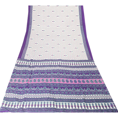 Sanskriti Vintage White Saree Moss Crepe Floral Printed Craft Fabric 5 Yard Sari