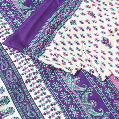 Sanskriti Vintage White Saree Moss Crepe Floral Printed Craft Fabric 5 Yard Sari