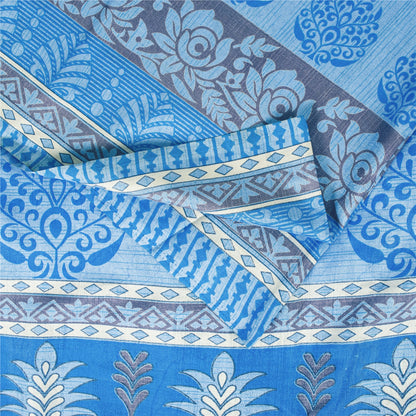 Sanskriti Vintage Blue Sarees Moss Crepe Floral Printed 5+YD Craft Fabric Sari
