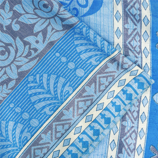 Sanskriti Vintage Blue Sarees Moss Crepe Floral Printed 5+YD Craft Fabric Sari