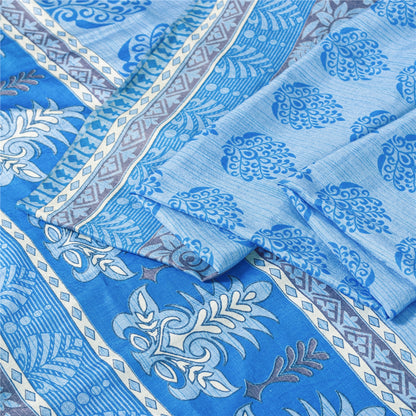Sanskriti Vintage Blue Sarees Moss Crepe Floral Printed 5+YD Craft Fabric Sari