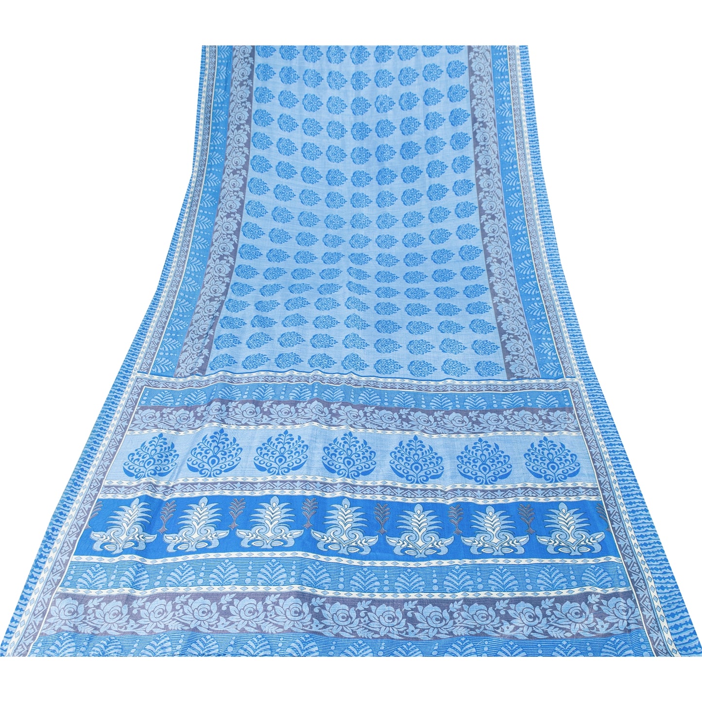 Sanskriti Vintage Blue Sarees Moss Crepe Floral Printed 5+YD Craft Fabric Sari