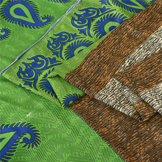 Sanskriti Vintage Indian Green Sarees Moss Crepe Printed Craft 5 Yd Fabric Sari