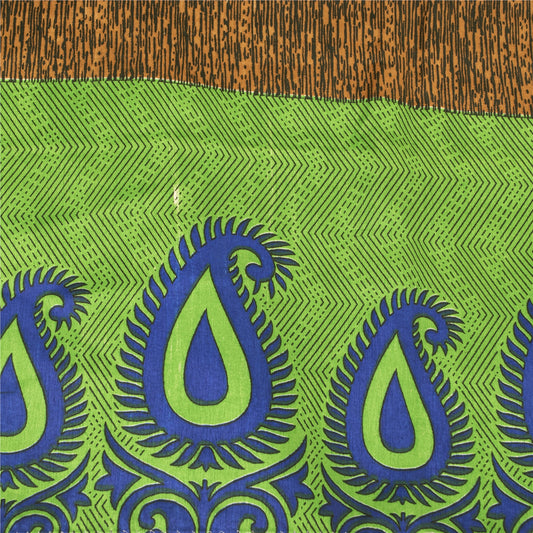 Sanskriti Vintage Indian Green Sarees Moss Crepe Printed Craft 5 Yd Fabric Sari