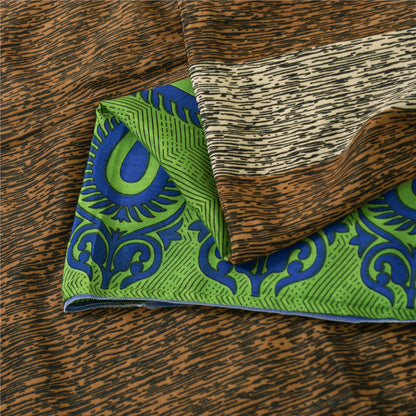 Sanskriti Vintage Indian Green Sarees Moss Crepe Printed Craft 5 Yd Fabric Sari