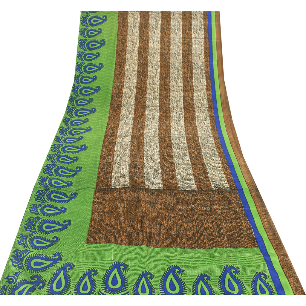 Sanskriti Vintage Indian Green Sarees Moss Crepe Printed Craft 5 Yd Fabric Sari