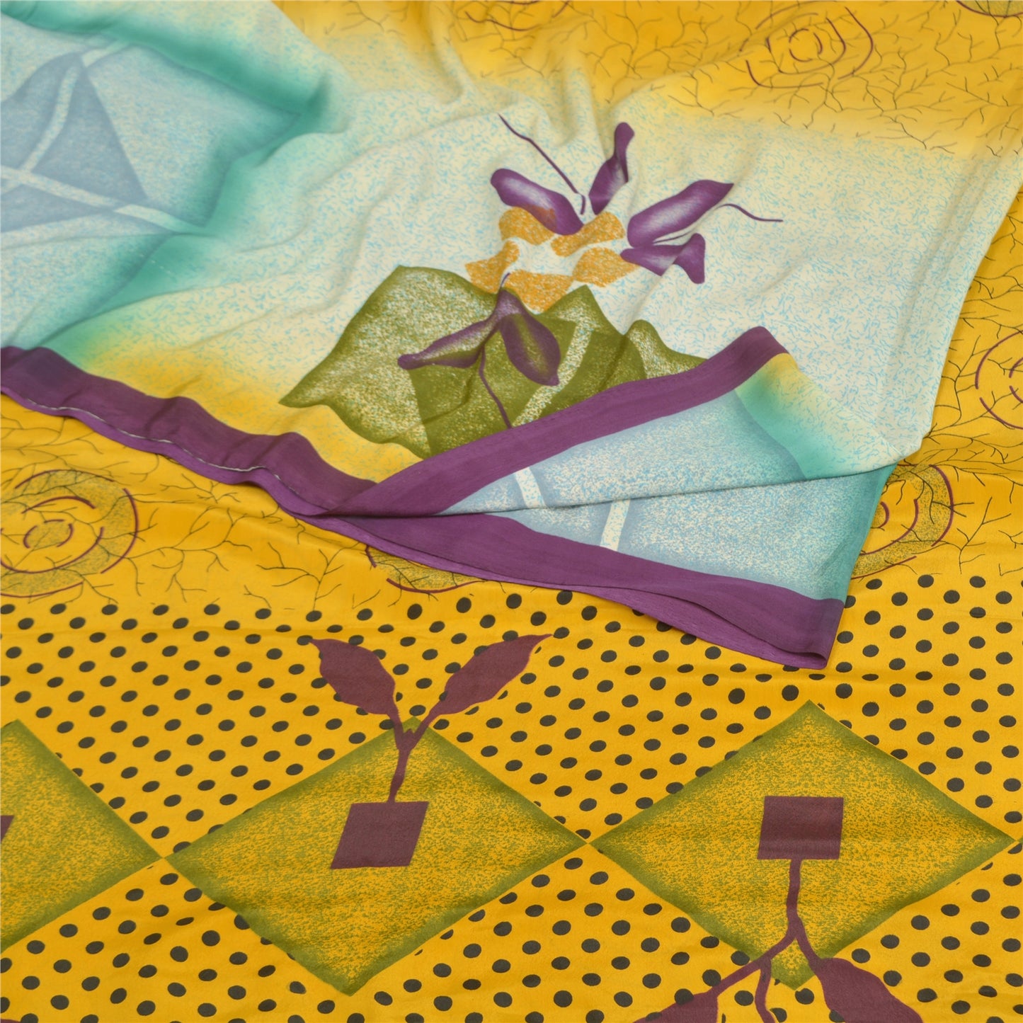 Sanskriti Vintage Yellow Sarees Moss Crepe Printed Craft 5 Yard Fabric Sari