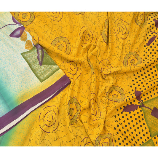 Sanskriti Vintage Yellow Sarees Moss Crepe Printed Craft 5 Yard Fabric Sari