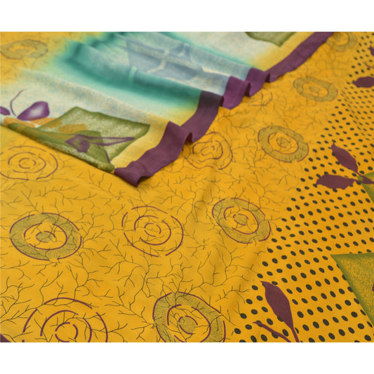 Sanskriti Vintage Yellow Sarees Moss Crepe Printed Craft 5 Yard Fabric Sari