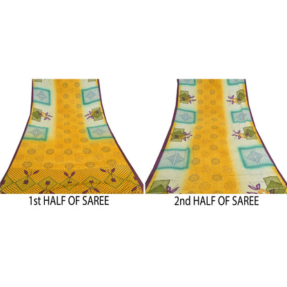 Sanskriti Vintage Yellow Sarees Moss Crepe Printed Craft 5 Yard Fabric Sari