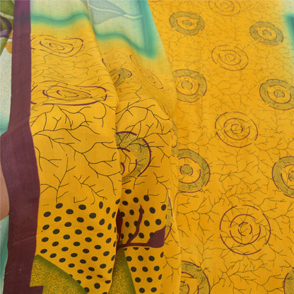 Sanskriti Vintage Yellow Sarees Moss Crepe Printed Craft 5 Yard Fabric Sari