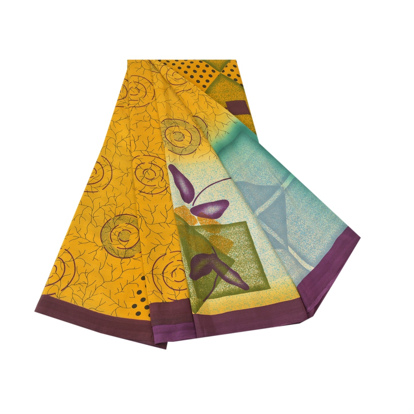 Sanskriti Vintage Yellow Sarees Moss Crepe Printed Craft 5 Yard Fabric Sari