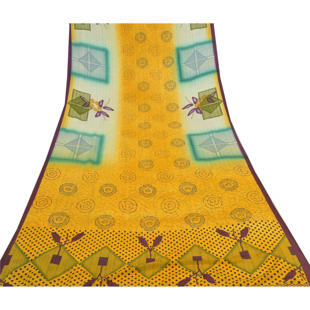 Sanskriti Vintage Yellow Sarees Moss Crepe Printed Craft 5 Yard Fabric Sari