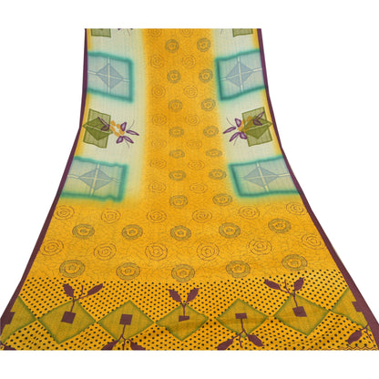 Sanskriti Vintage Yellow Sarees Moss Crepe Printed Craft 5 Yard Fabric Sari