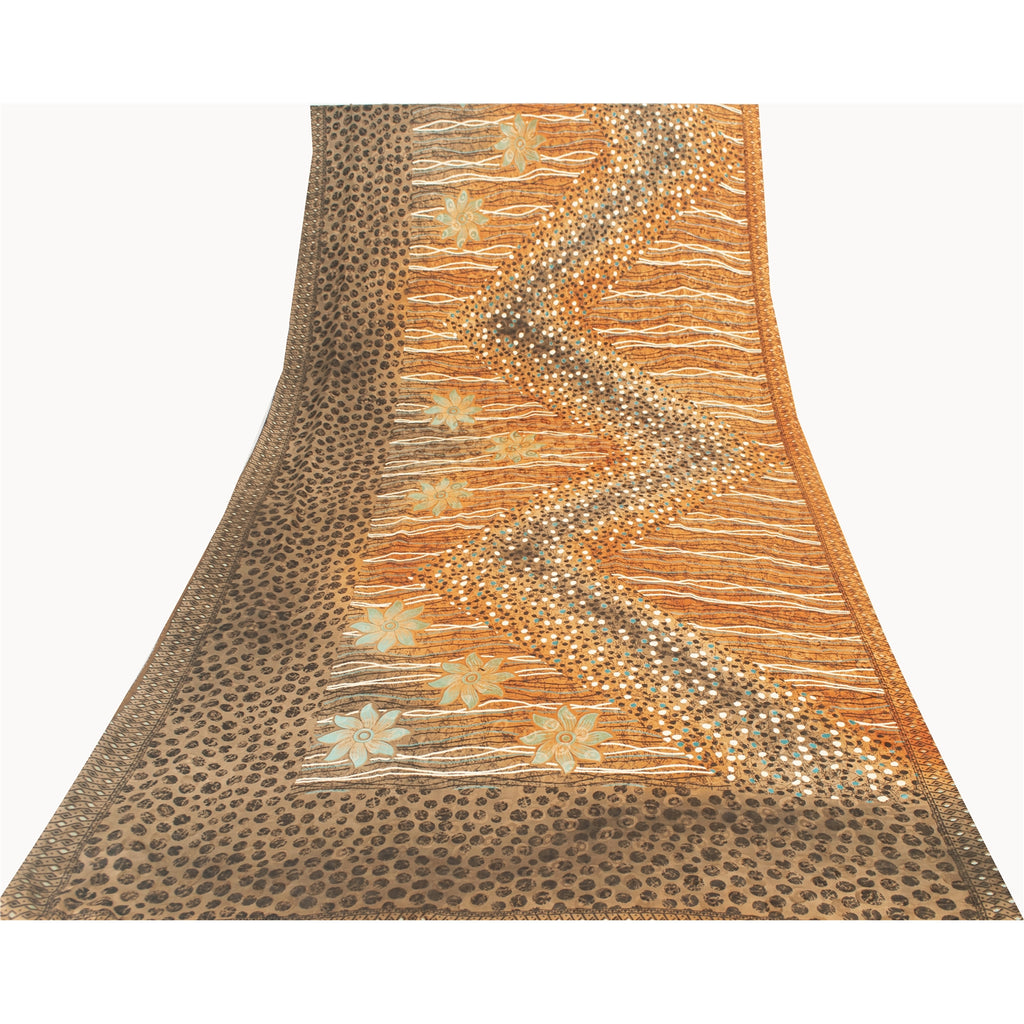 Sanskriti Vintage Brown Sarees Moss Crepe Floral Printed Craft Fabric Sari