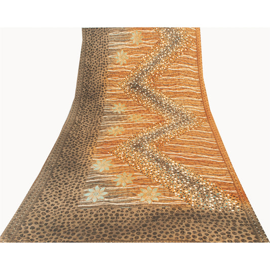 Sanskriti Vintage Brown Sarees Moss Crepe Floral Printed Craft Fabric Sari