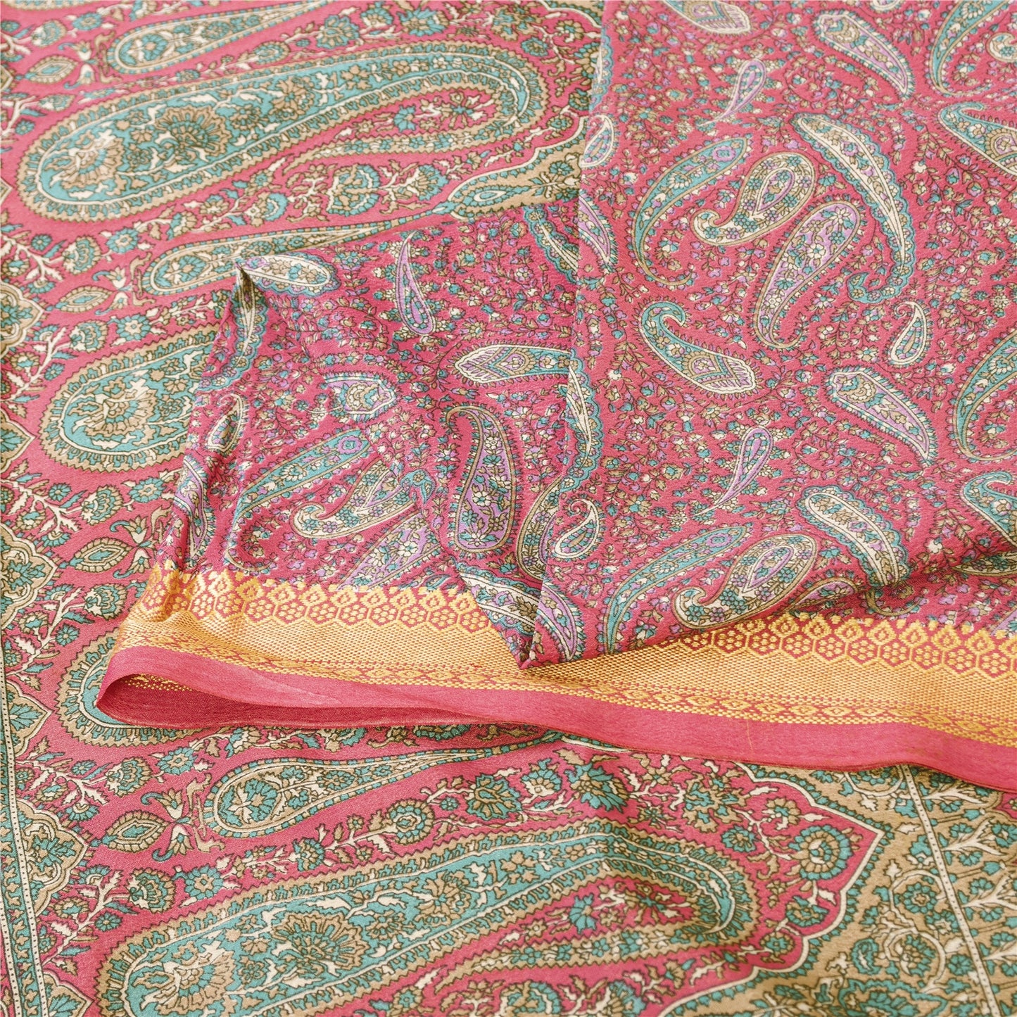 Sanskriti Vintage Indian Pink Sarees Art Silk Paisley Printed Fabric 5+yd Sari