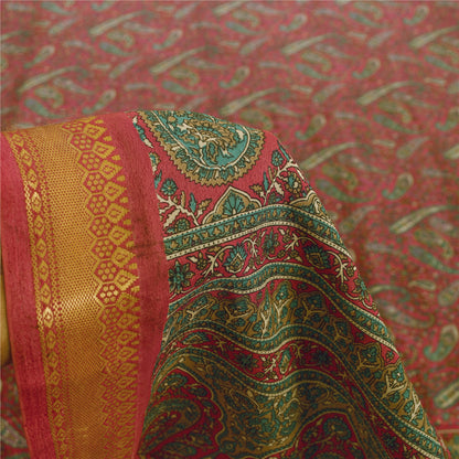 Sanskriti Vintage Indian Pink Sarees Art Silk Paisley Printed Fabric 5+yd Sari