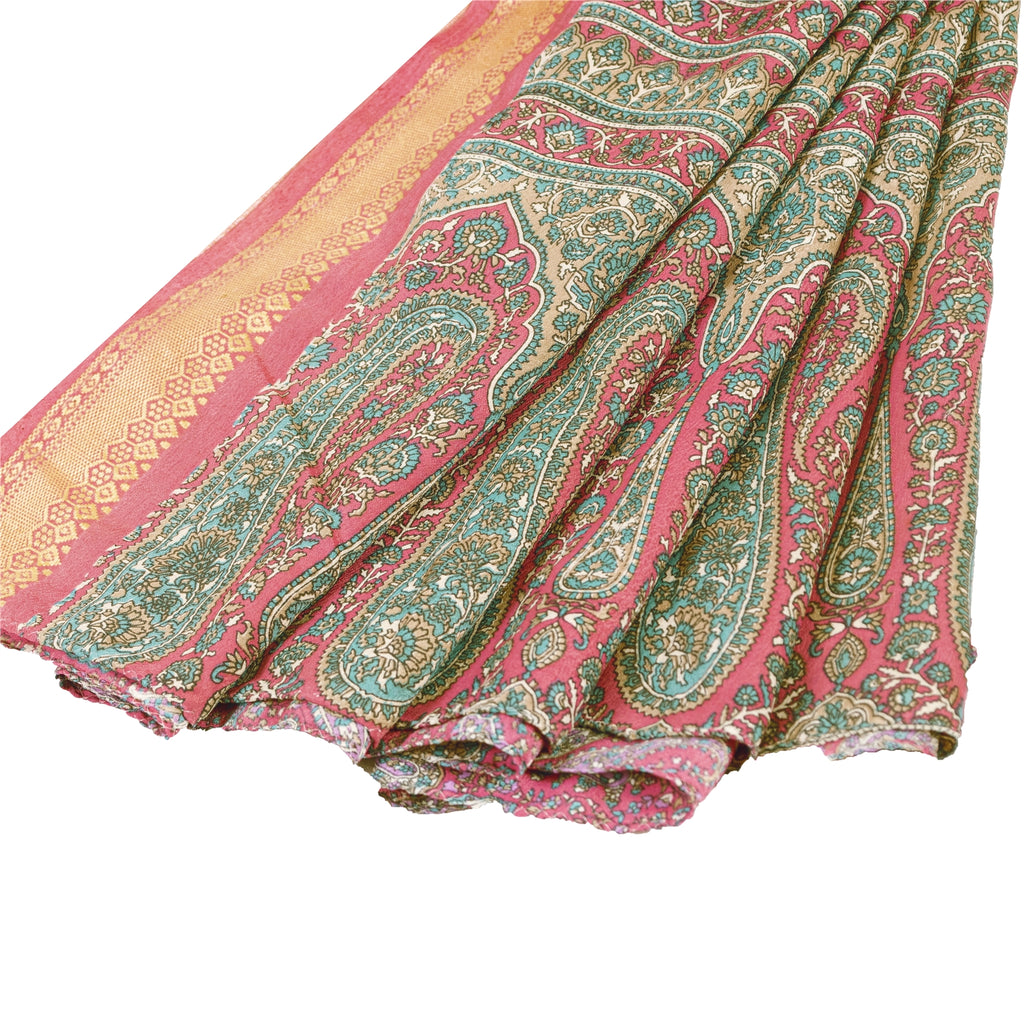 Sanskriti Vintage Indian Pink Sarees Art Silk Paisley Printed Fabric 5+yd Sari
