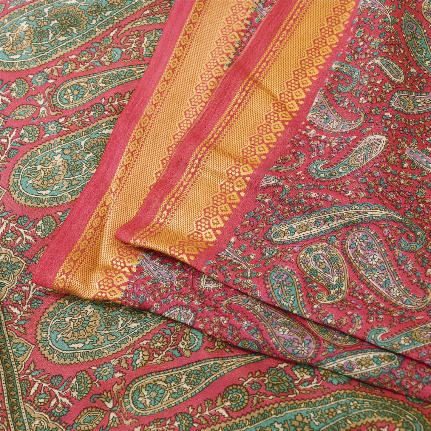 Sanskriti Vintage Indian Pink Sarees Art Silk Paisley Printed Fabric 5+yd Sari