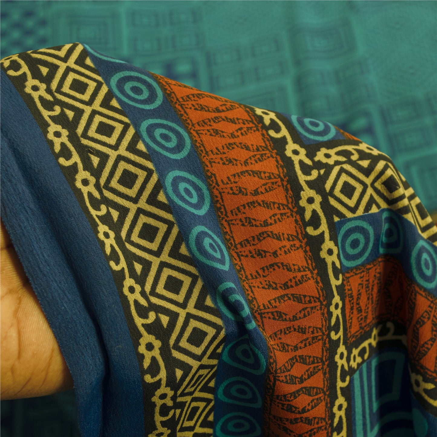 Sanskriti Vintage Blue Sarees Moss Crepe Geometric Printed 5+YDCraft Fabric Sari