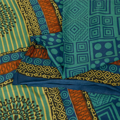 Sanskriti Vintage Blue Sarees Moss Crepe Geometric Printed 5+YDCraft Fabric Sari