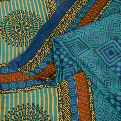 Sanskriti Vintage Blue Sarees Moss Crepe Geometric Printed 5+YDCraft Fabric Sari