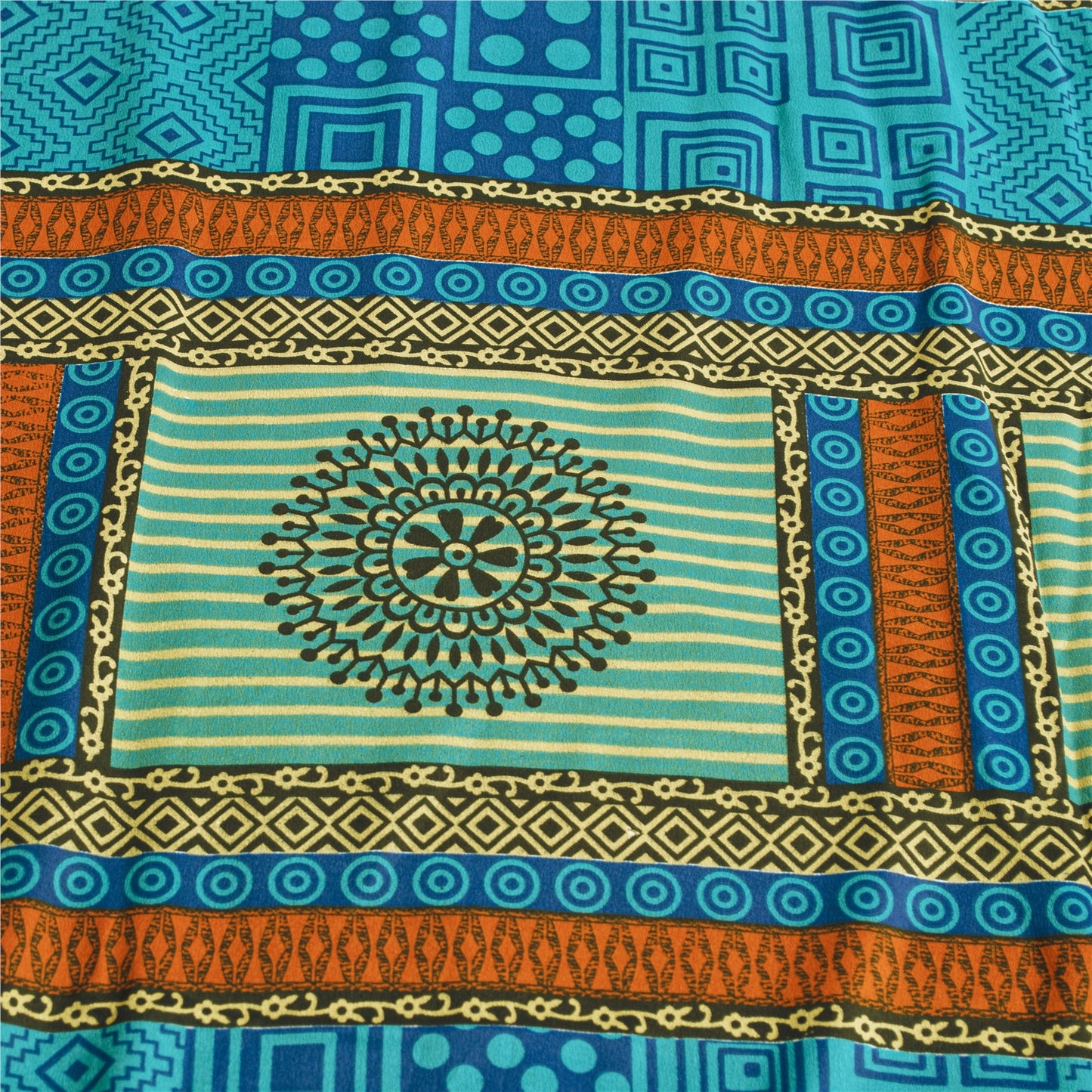 Sanskriti Vintage Blue Sarees Moss Crepe Geometric Printed 5+YDCraft Fabric Sari