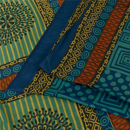 Sanskriti Vintage Blue Sarees Moss Crepe Geometric Printed 5+YDCraft Fabric Sari