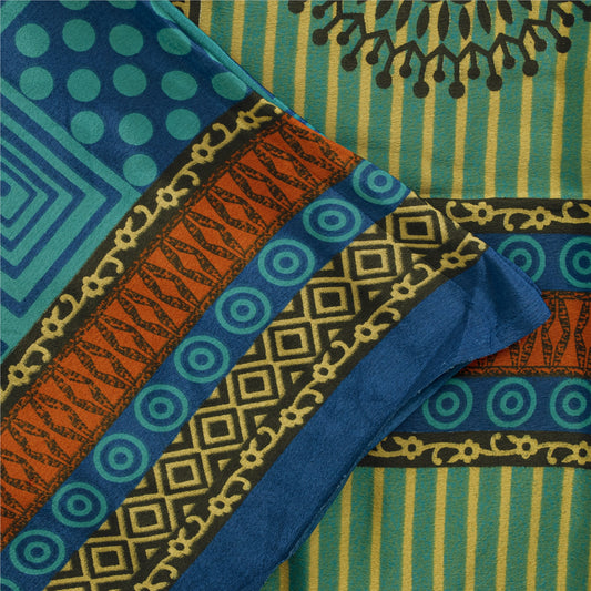 Sanskriti Vintage Blue Sarees Moss Crepe Geometric Printed 5+YDCraft Fabric Sari