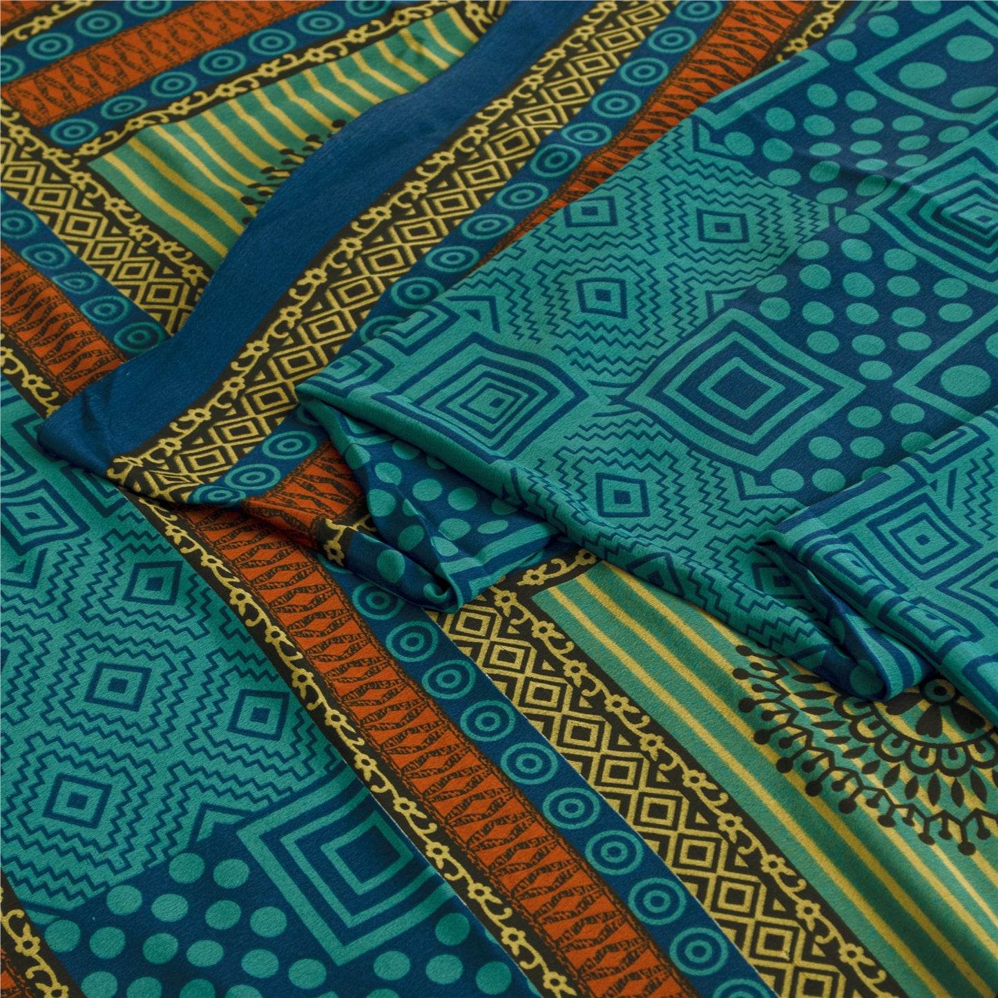 Sanskriti Vintage Blue Sarees Moss Crepe Geometric Printed 5+YDCraft Fabric Sari
