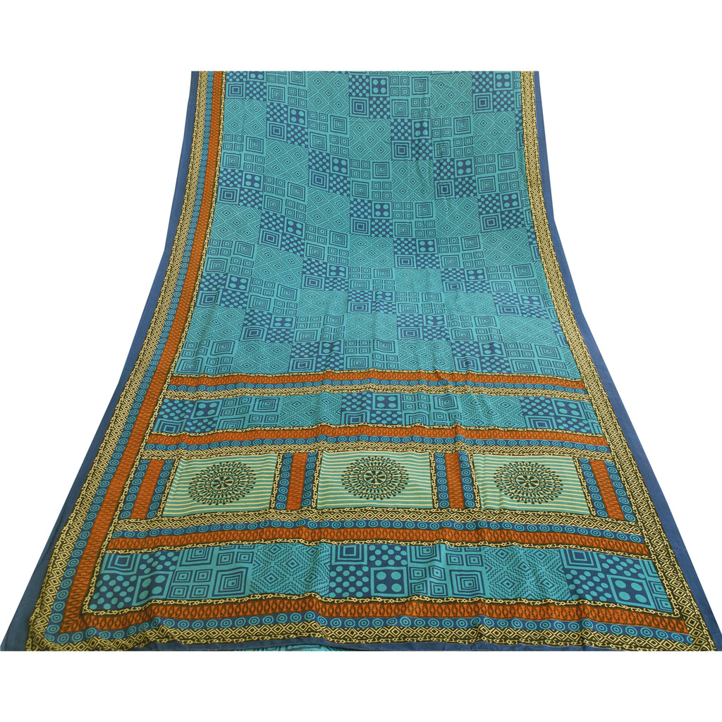 Sanskriti Vintage Blue Sarees Moss Crepe Geometric Printed 5+YDCraft Fabric Sari