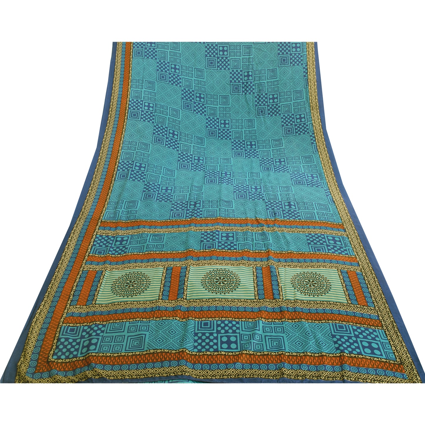 Sanskriti Vintage Blue Sarees Moss Crepe Geometric Printed 5+YDCraft Fabric Sari