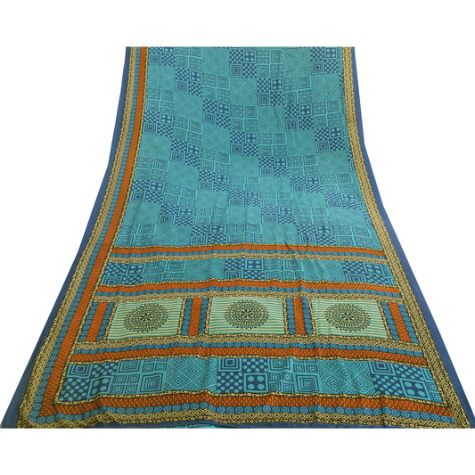 Sanskriti Vintage Blue Sarees Moss Crepe Geometric Printed 5+YDCraft Fabric Sari