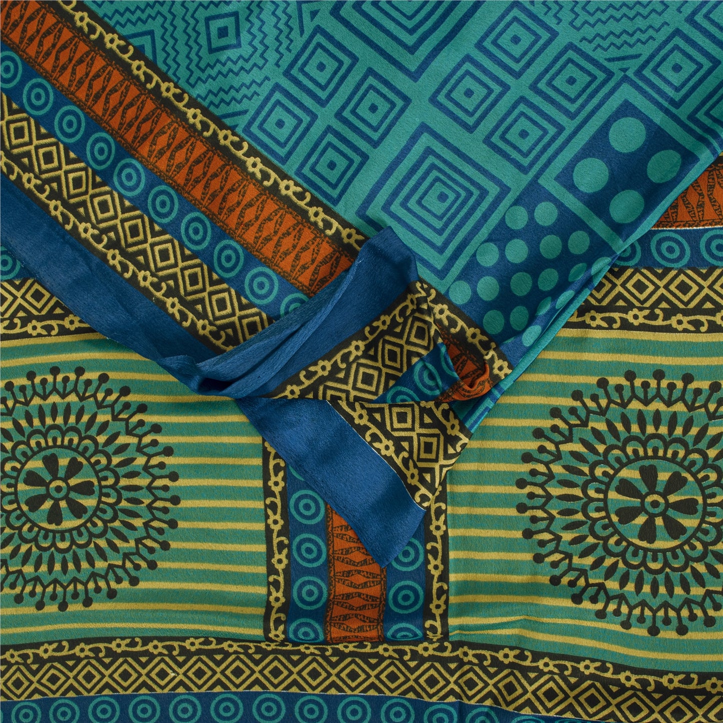 Sanskriti Vintage Blue Sarees Moss Crepe Geometric Printed 5+YDCraft Fabric Sari