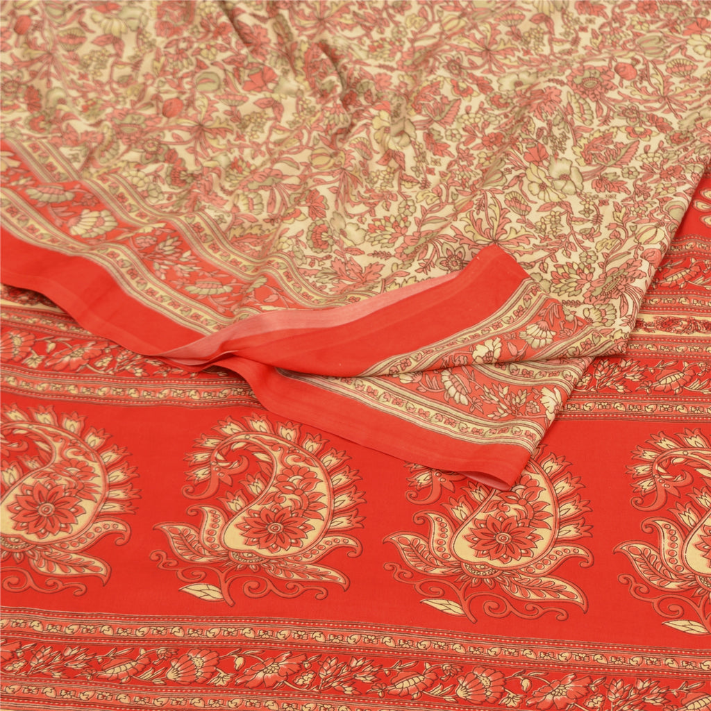 Sanskriti Vintage Cream Sarees Moss Crepe Floral Printed Craft Fabric Sari