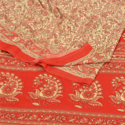 Sanskriti Vintage Cream Sarees Moss Crepe Floral Printed Craft Fabric Sari