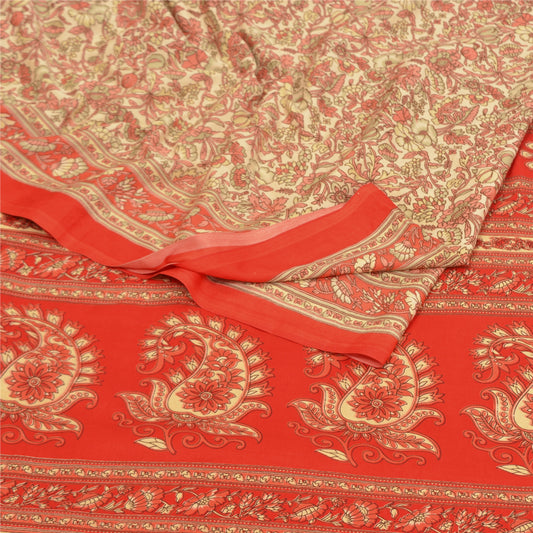 Sanskriti Vintage Cream Sarees Moss Crepe Floral Printed Craft Fabric Sari