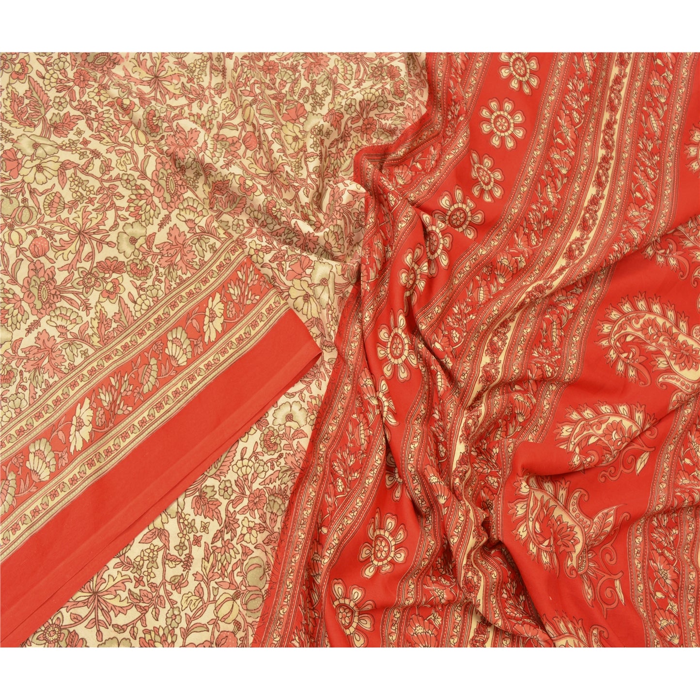 Sanskriti Vintage Cream Sarees Moss Crepe Floral Printed Craft Fabric Sari