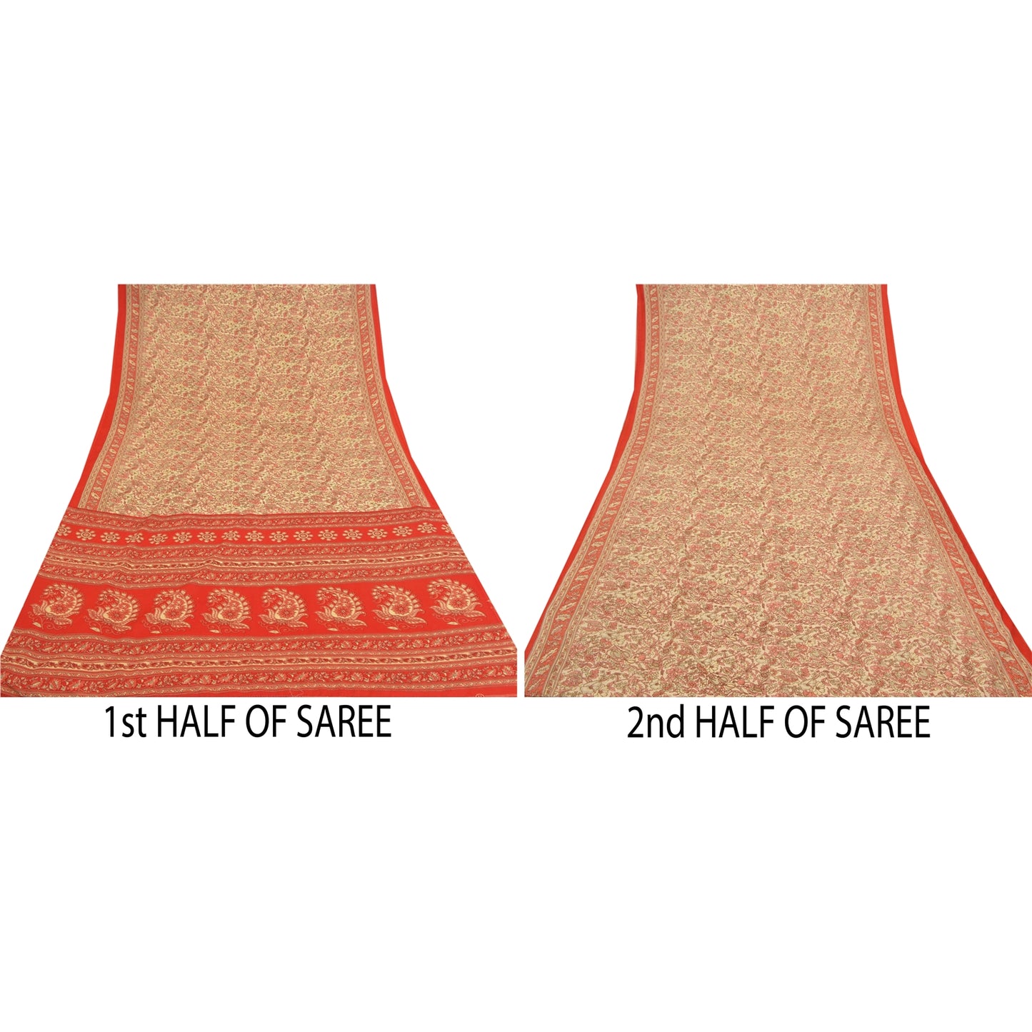 Sanskriti Vintage Cream Sarees Moss Crepe Floral Printed Craft Fabric Sari