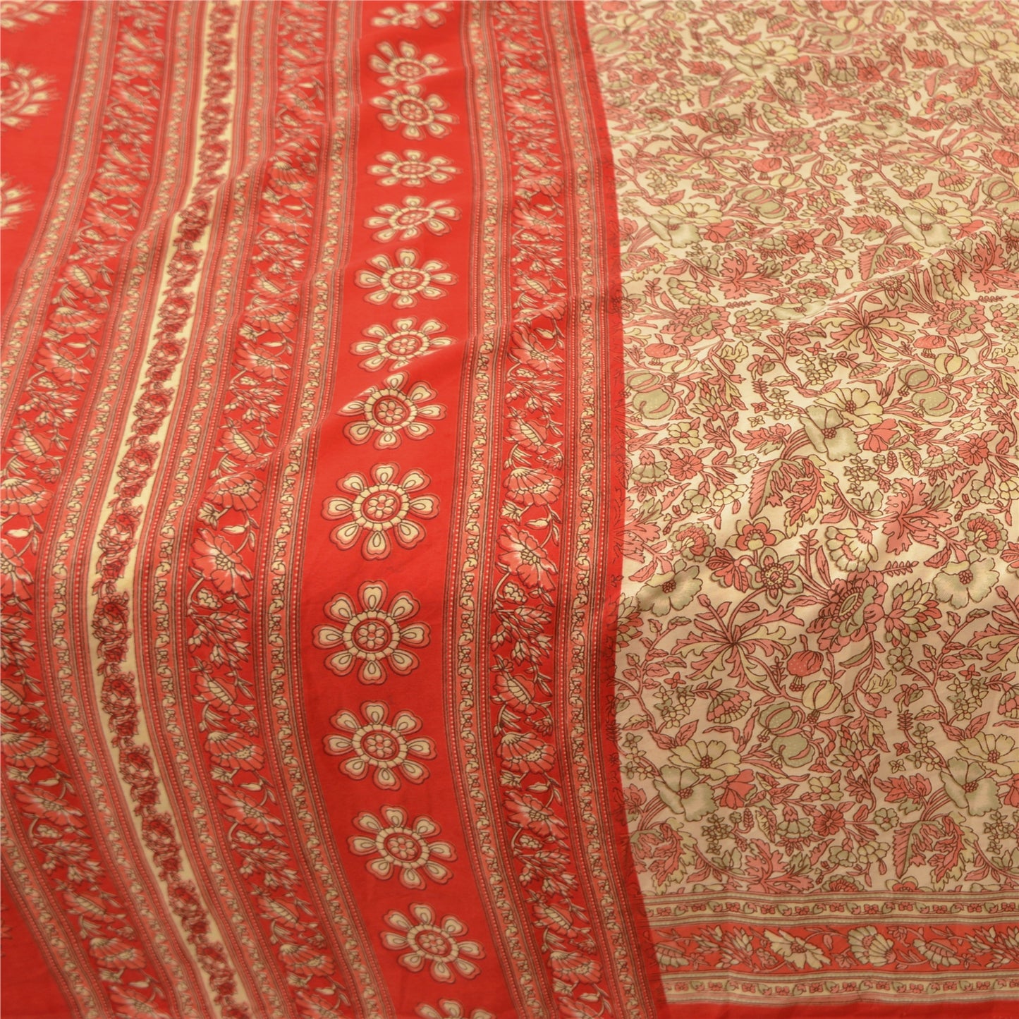 Sanskriti Vintage Cream Sarees Moss Crepe Floral Printed Craft Fabric Sari