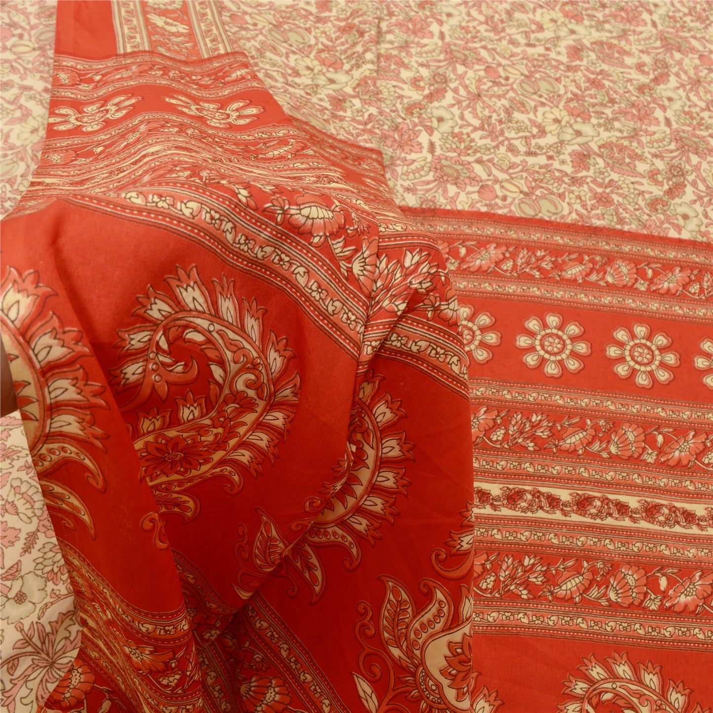 Sanskriti Vintage Cream Sarees Moss Crepe Floral Printed Craft Fabric Sari