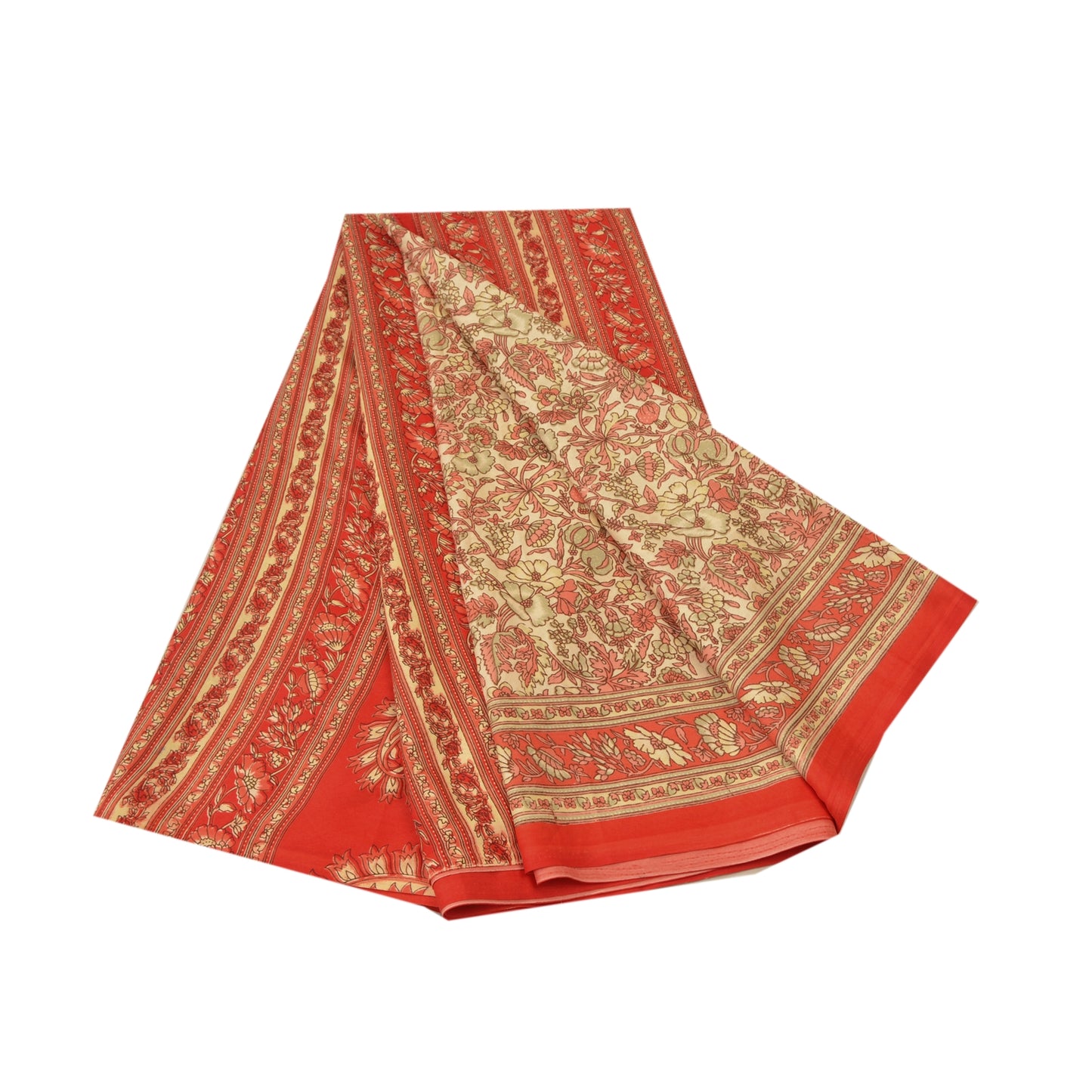 Sanskriti Vintage Cream Sarees Moss Crepe Floral Printed Craft Fabric Sari