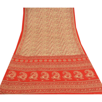 Sanskriti Vintage Cream Sarees Moss Crepe Floral Printed Craft Fabric Sari