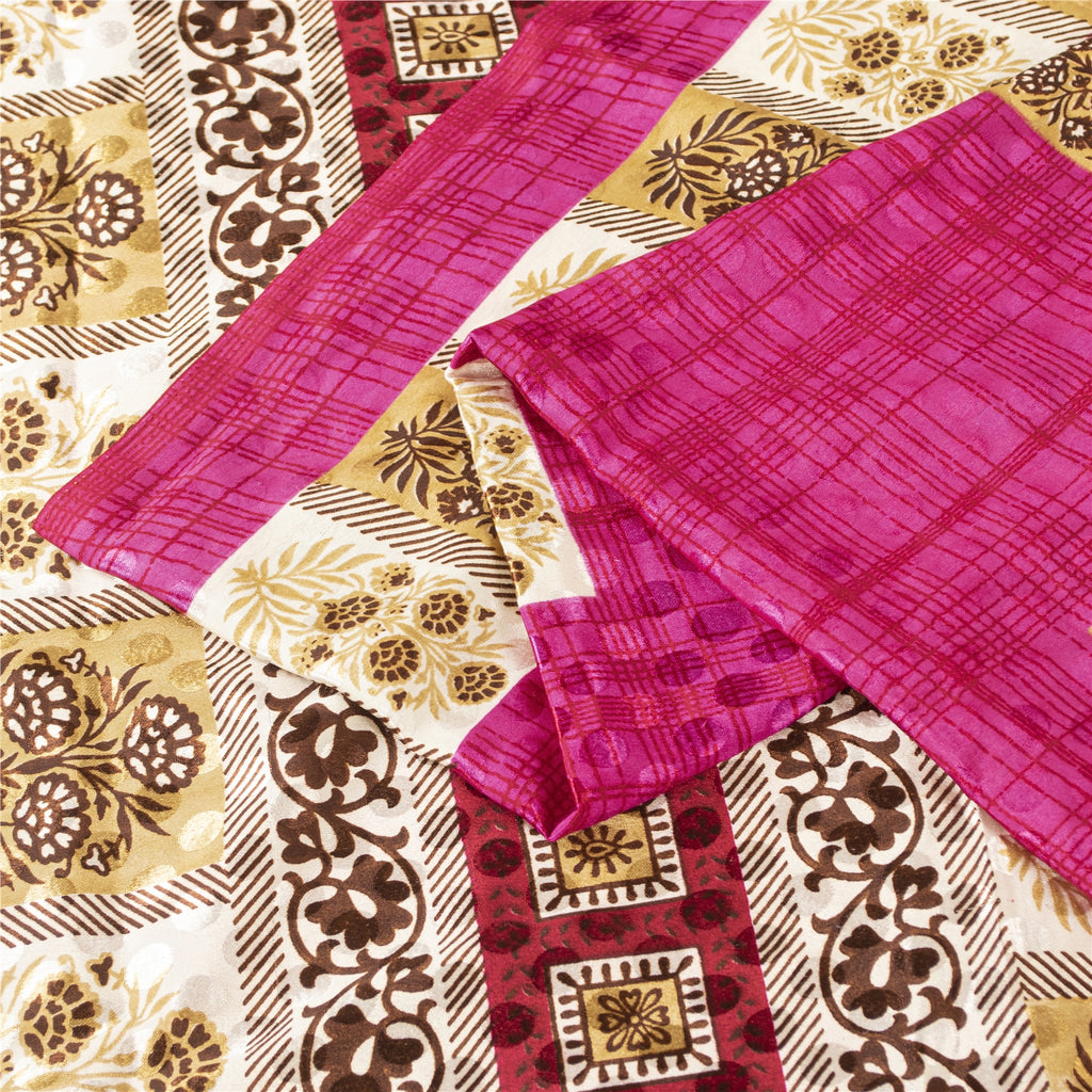 Sanskriti Vintage Dark Pink Sarees Moss Crepe Floral Print Craft Fabric 5+YDSari